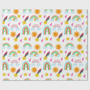 Papier Cadeau Motif de nom arc-en-ciel soleil étoile girly pour