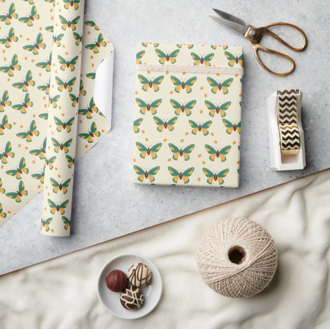 Papier Cadeau Motif de papillon vert émeraude et jaune soleil (Artisanat)