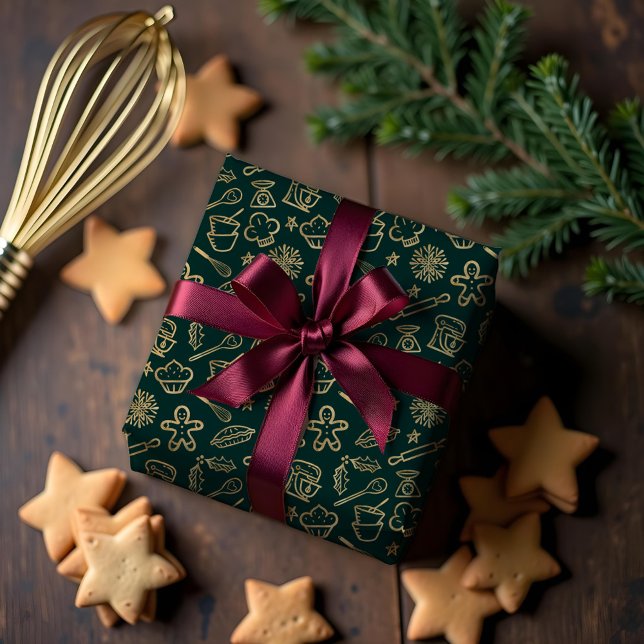 Papier Cadeau Motif de pâtisserie de Noël doré et vert chatoyant (Shimmering Gold & Green Christmas Baking Pattern Wrapping Paper)