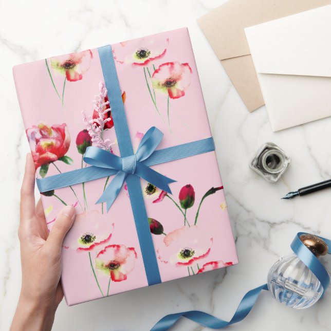Papier Cadeau Motif De Pavot Sur Rose Vierge (Cadeaux)