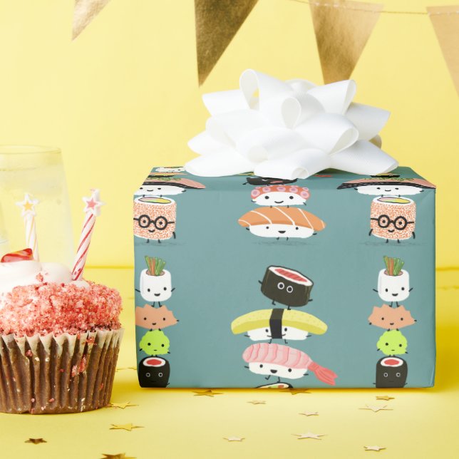Papier Cadeau Motif de personnages de Sushi amusants | Kawaii Fu (Fête d'anniversaire)