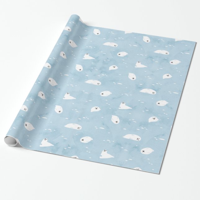 Papier Cadeau Motif de phoque infantile en bleu Sage (Déroulé)