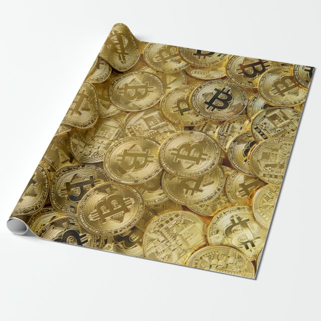 Papier Cadeau Motif de pièce Bitcoin BTC Cryptodevise Gold (Déroulé)