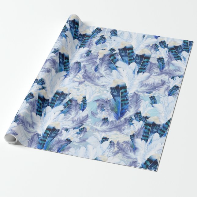 Papier Cadeau Motif de plume de perroquet bleu (Déroulé)