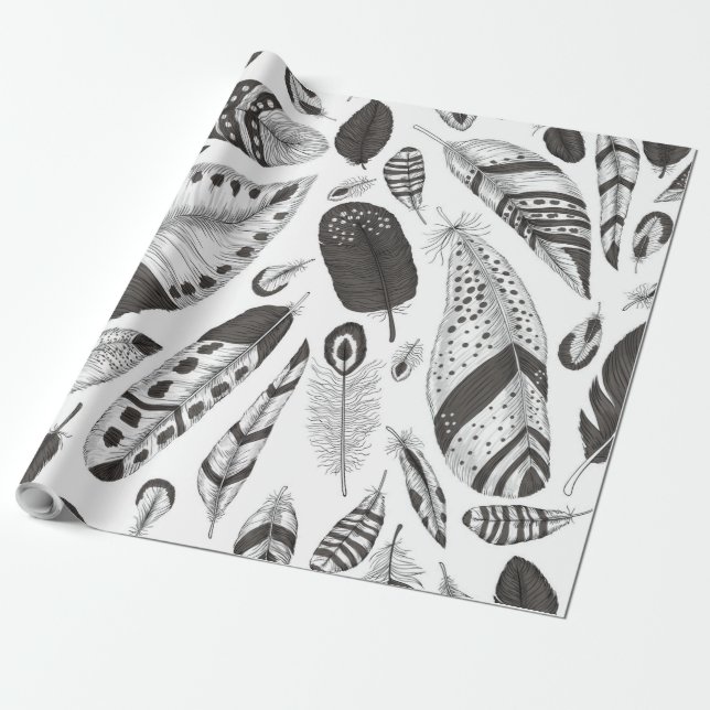 Papier Cadeau Motif de plumes noir et blanc (Déroulé)