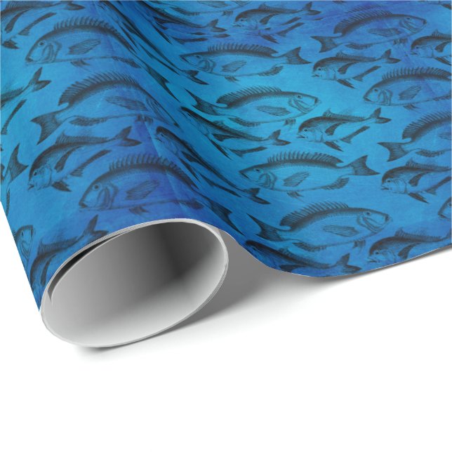 Papier Cadeau Motif de poissons de bleu d'océan pour le pêcheur (Coin rond)