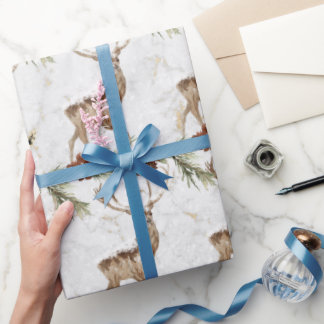 Papier Cadeau Motif de rennes mignon avec branche de sapin et pi