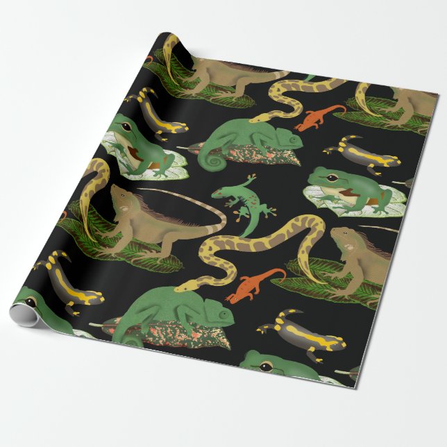 Papier Cadeau Motif de reptiles, lézards et amphibiens (Déroulé)