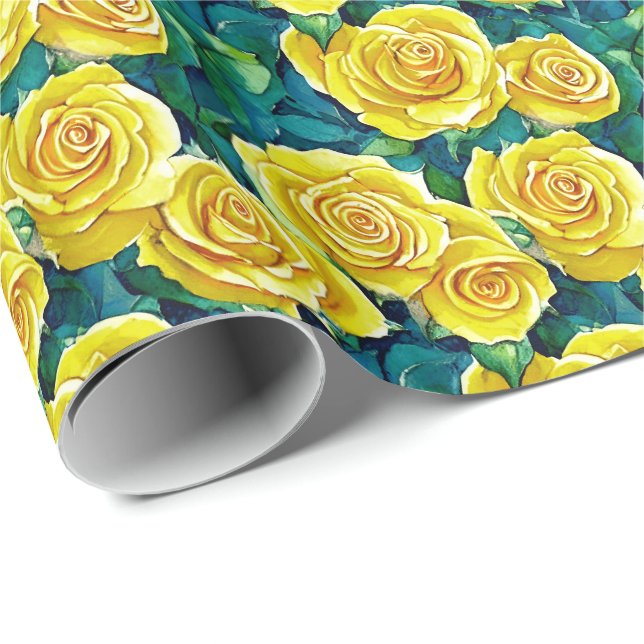 Papier Cadeau Motif de Rose d'aquarelle jaune (Coin rond)