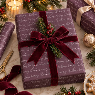 Papier Cadeau Motif de script Plum Burgundy Merry Christmas