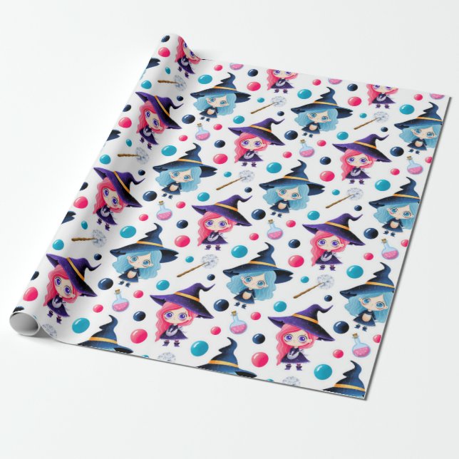 Papier Cadeau Motif de sorcière magique mignon (Déroulé)