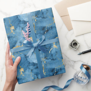 Papier Cadeau Motif de style liquide marbré bleu et or