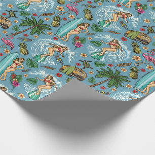 Papier Cadeau Motif de surfer de la femme rétro