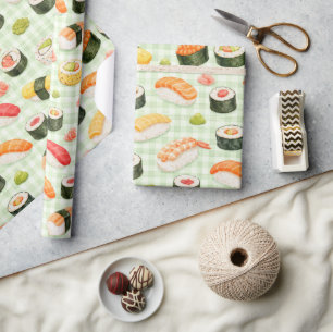 Papier Cadeau Motif de sushi sur une grille vert clair