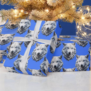 Papier Cadeau Motif de tête de loup blanc Design bleu