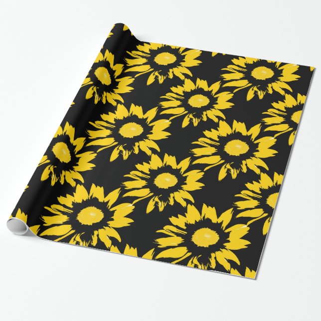 Papier Cadeau Motif de tournesol jaune et noir (Déroulé)
