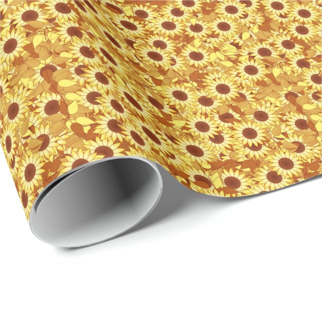 Papier Cadeau Motif de tournesol - or, jaune et marron (Coin rond)