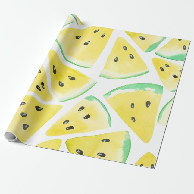 Papier Cadeau Motif de tranches de pastèque jaune (Déroulé)