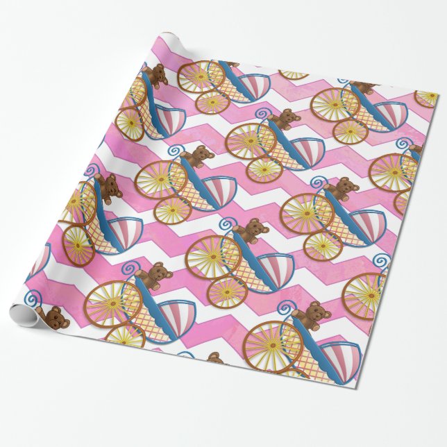 Papier Cadeau Motif de transport de bébé Chevron rose (Déroulé)