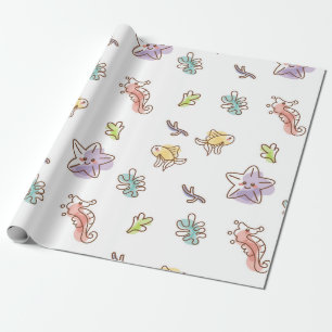 Papier Cadeau Motif de vie marine coloré avec les mers et les po