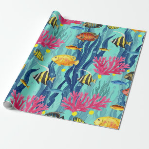 Papier Cadeau Motif de vie marine côtière coloré (4)