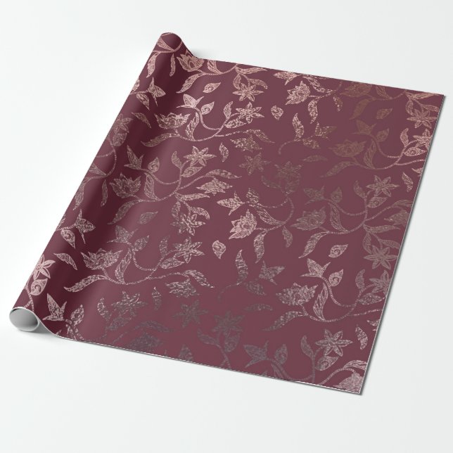 Papier Cadeau Motif de vigne florale rose en Bourgogne profonde (Déroulé)