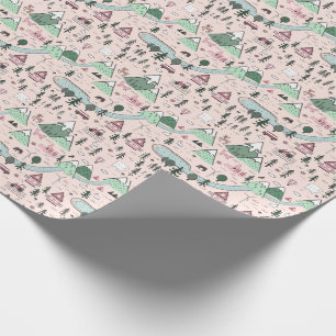 Papier Cadeau Motif de ville de ferme scandinave rose 