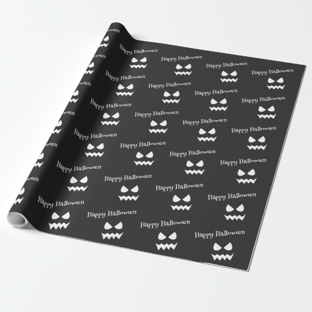 Papier Cadeau Motif de visage de fantôme d'Halloween noir et bla (Déroulé)