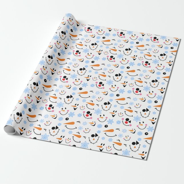 Papier Cadeau Motif de visages de bonhommes de neige mignons, fl (Déroulé)