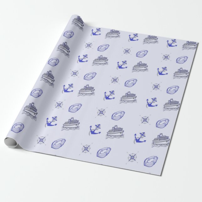 Papier Cadeau Motif décoratif nautique bleu (Déroulé)