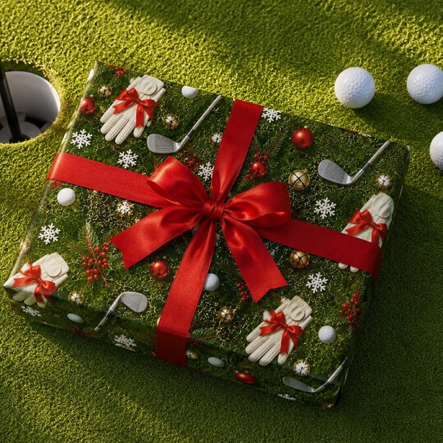 Papier Cadeau Motif d'équipement de golf de Noël sur de l'herbe  (Créateur téléchargé)