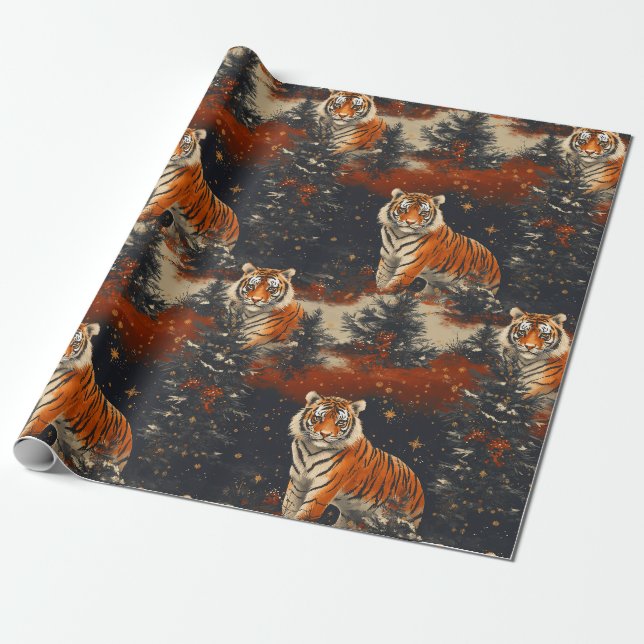 Papier Cadeau Motif des arbres et tigres de Noël (Déroulé)