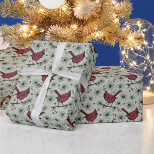 Papier Cadeau Motif des Cardinaux rouges d'hiver verts
