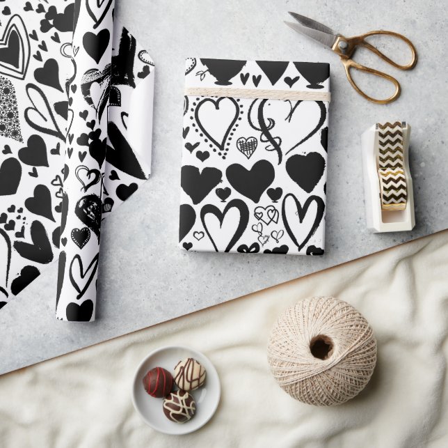 Papier Cadeau Motif des coeurs, Coeurs noirs, Noir et Blanc (Artisanat)