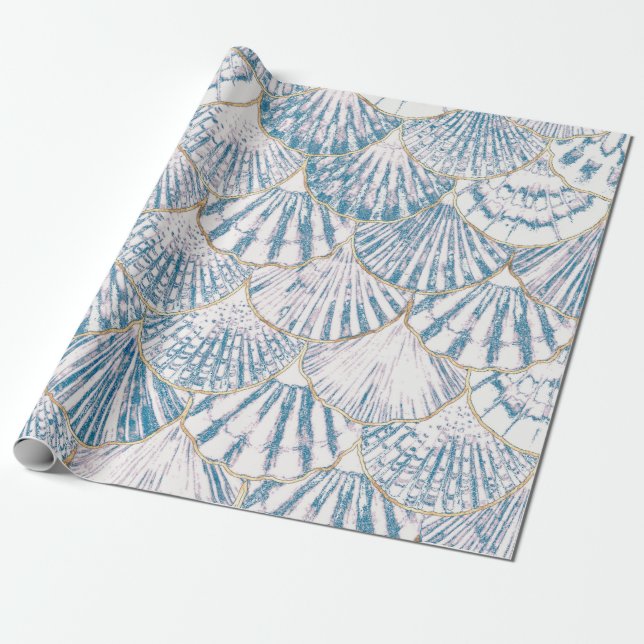 Papier Cadeau Motif des échelles de sirène blanc et bleu (Déroulé)