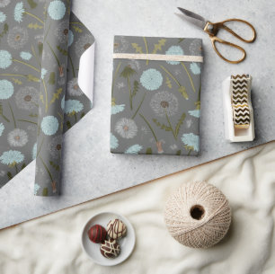 Papier Cadeau Motif des fleurs blanches de Dandelion bleu gris