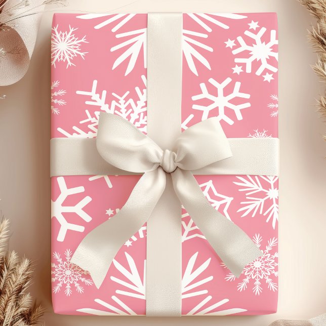 Papier Cadeau Motif des flocons de neige de Noël rose et blanc (Créateur téléchargé)