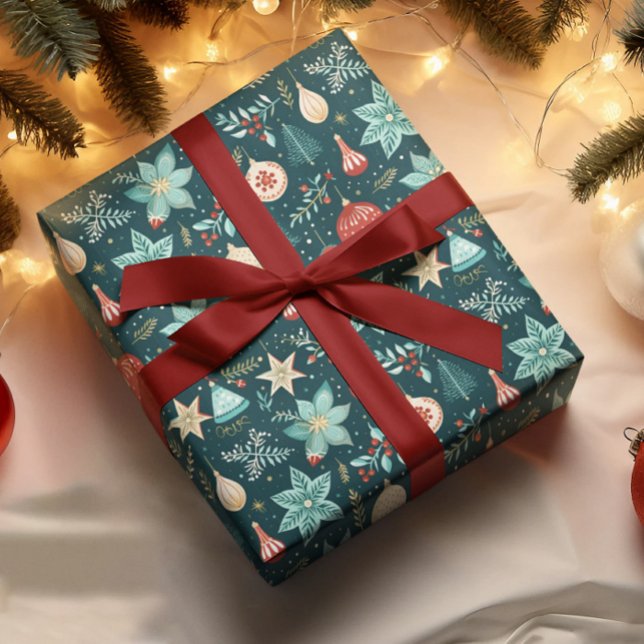 Papier Cadeau Motif Des Ornements Et Fleurs De Noël Rétro (Créateur téléchargé)