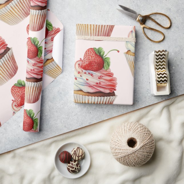 Papier Cadeau Motif dessert sucré fraise Cupcake (Artisanat)