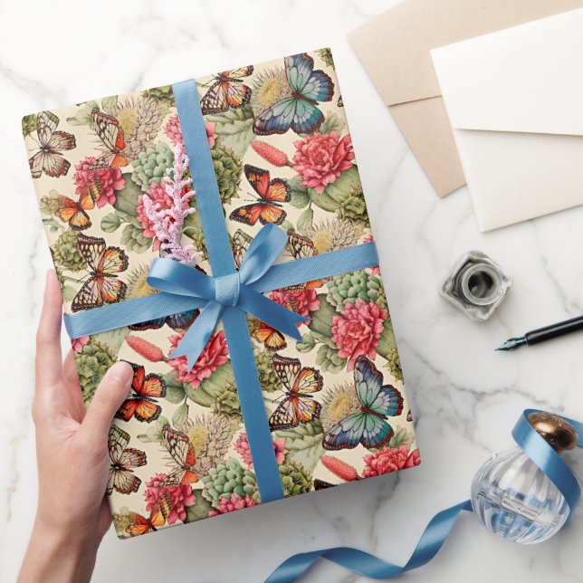Papier Cadeau Motif d'été lumineux avec papillons et cactus (Cadeaux)