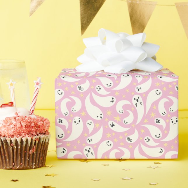 Papier Cadeau Motif d'Halloween fantôme rose (Fête d'anniversaire)