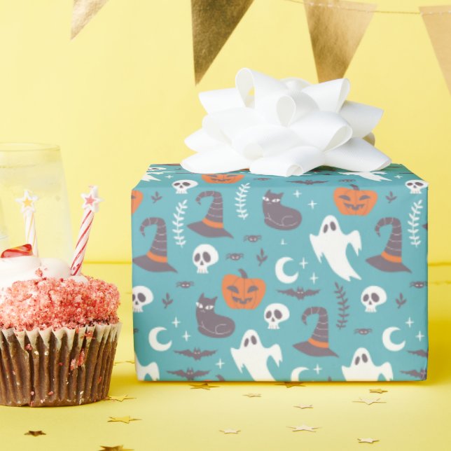 Papier Cadeau Motif d'Halloween Turquoise amusant (Fête d'anniversaire)