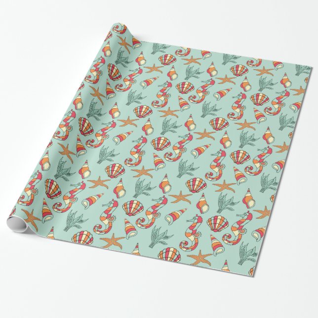 Papier Cadeau Motif d'hippocampe et de coquillage (Déroulé)