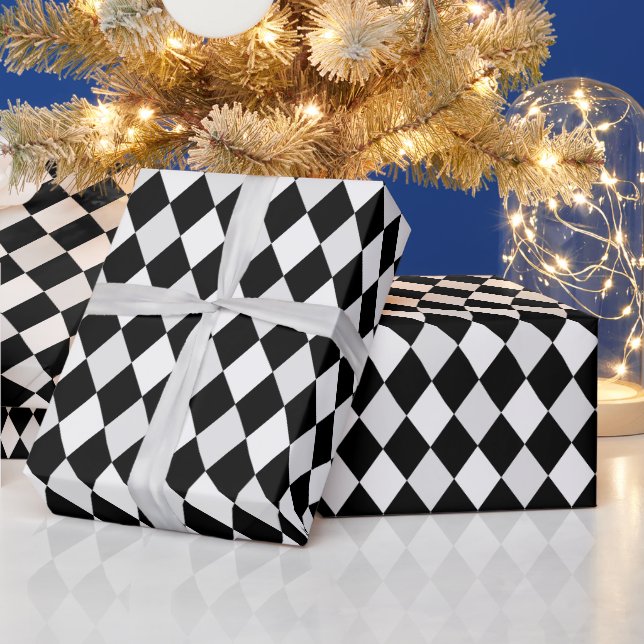 Papier Cadeau Motif diamant arlequin noir et blanc (Vacances)