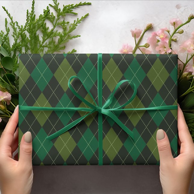 Papier Cadeau Motif diamant Jacquard irlandais vert foncé (Elegant Dark Green Argyle Pattern for Him. Irish Wedding, Groom, Groomsman, Dad, St. Patrick's Day)