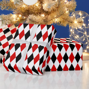 Papier Cadeau Motif diamant rouge blanc arlequin noir