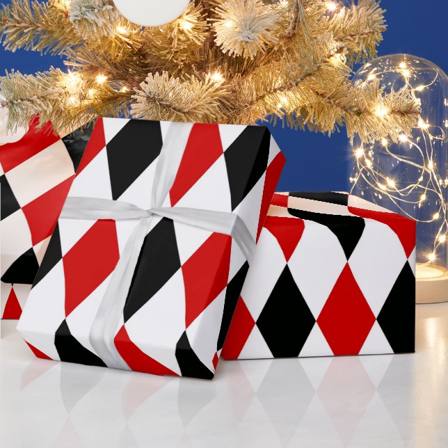 Papier Cadeau Motif diamant rouge blanc arlequin noir (Vacances)