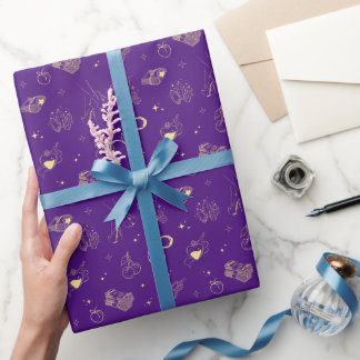 Papier Cadeau Motif d'icônes dorées et de sorcière violette S3xy