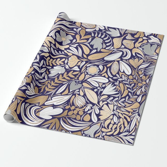 Papier Cadeau Motif d'illustration de la feuille florale blanche (Déroulé)