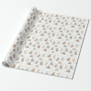 Papier Cadeau Motif d'illustration de lapin mignon et de fleurs